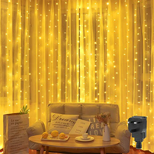 2M x 2M Curtain Lights Christmas Fairy Light Indoor Plug in,204LED Hanging Backdrop Window Curtain Lights Icicle Light,Waterfall Light,8Mode,Waterproof,Connectable for Gazebo Wall(Warm White)