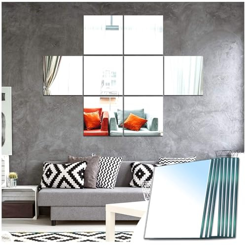 Sqinor Self Adhesive Square Glass Wall Mirror Tiles, 20.5x20.5cm 8-Pack | Real Glass, Stick On Wall Mirrors, Home Gym Mirrors, Wardrobe Doors Mirrors, Home Decor for Living Room, Bedroom, Hallway