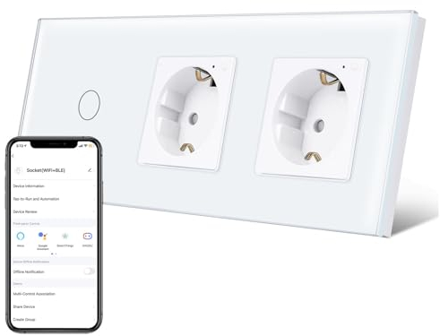 TAWOIA Smart Lichtschalter 1 Fach 1 Weg mit Wlan Steckdose,2 Fach,16A,APP-Steuerung,Arbeit mit Alexa,Glasrahmen,86 * 157mm,Weiß,Wlan Nur 2.4 GHz