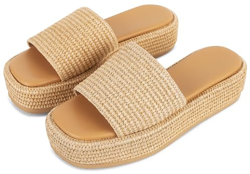 EQAUDES Wedge Platform Sandals for Women Outdoor Espadrille Cute Brown Beach Straw Raffia Sandal Comfortable Brown Sandals Vacation for Women Size 7