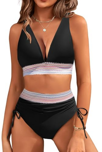 RITOSTA Costume da Bagno Donna a Vita Alta Due Pezzi Sexy Bikini Mare con Coulisse Costumi Push up Imbottito Scollo a V Reggiseno Swimwear Abiti da Spiaggia Tankini Estiva Beachwear (Nero,XL)
