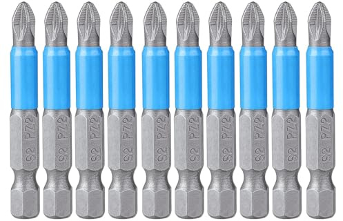 Saipor 10 Stück PoziDriv PZ2 Schraubendreher Bit-Satz 1/4 Magnetisch POZI Schrauber Bit Set, 50mm Länge, S2 Stahl Schlagschrauber Bitsatz für akkuschrauber
