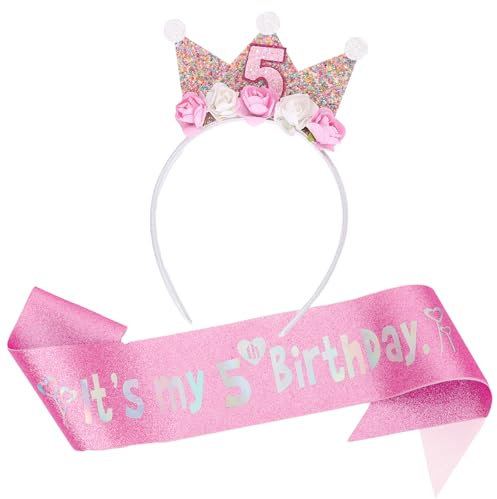 LUKIUP 2 Stück Geburtstagskrone und Geburtstagsgürtel für Mädchen, 3/4/5/6 Jahr, Rosa Schärpe für Prinzessin Krone, Gute zum Geburtstag Partydekorationen