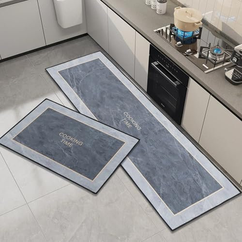 OPLERT Alfombra de Cocina 2 Piezas,Juego de Alfombrillas de Cocina Antideslizantes Lavables,Alfombrilla de Cocina Resistente al Agua y a Las Manchas,Gris,43x75+43x150cm