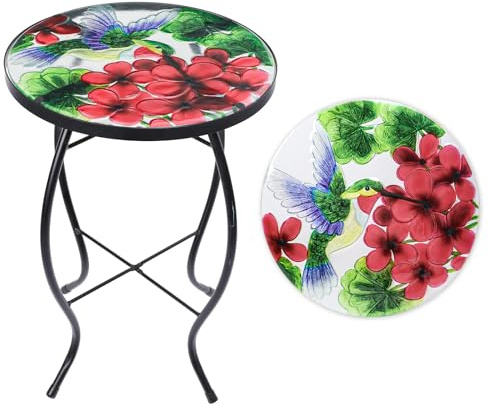 VCUTEKA Patio Side Table Outdoor Accent Table Small Mosaic Tables Coffee End Porch Tables Indoor Outdoor Round Glass Balcony Bistro Plant Stand Hummingbird Poppy 14 inches