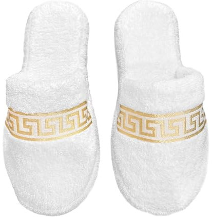 Belle Arti Hotelltofflor, frottétofflor, mäanderdesign i svart, guld, badtofflor för kvinnor och män, 100 % bomull, frotté, 1 par vita, X-Large