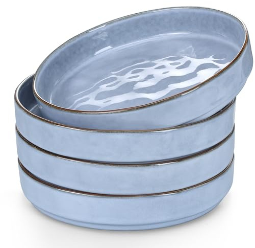 Herogo 34oz Stoneware Plates and Bowls Set of 4 for Salad Soup Cereal, Large Wide Shallow Stackable Serving Ceramic Pasta Bowls Dishes Sets, Microwave & Dishwasher Safe, Haze Blue