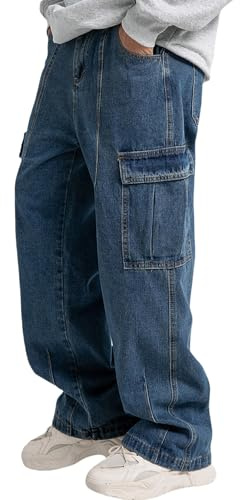 Mens Baggy Jeans for Men Women Y2k Skater Vintage Plain Pants Multiple Pockets Casual Wide Leg Loose Fit Cargo Denim Jeans Blue