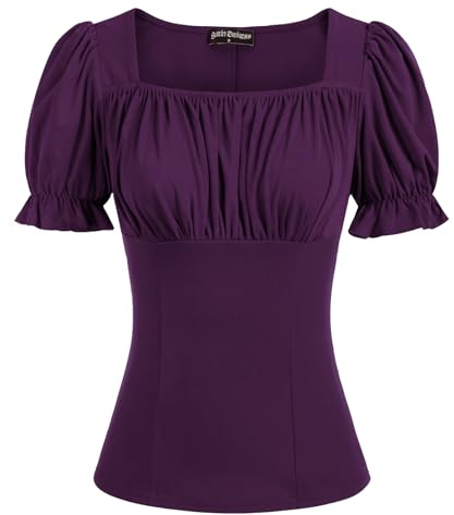 Scarlet Darkness Women's Renaissance Shirt Puff Sleeve Square Neck Peasant Tops, Eggplant, L