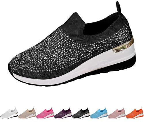 Scarpe da ginnastica da donna con plateau, con zeppa e zeppa, con strass scintillanti, in rete, senza lacci, traspiranti e scintillanti, Nero , 43 EU