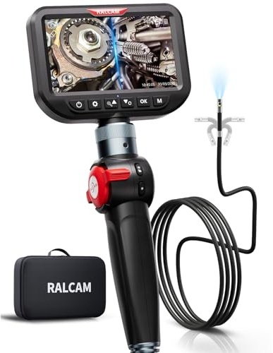 Ralcam Telecamera Endoscopica con Luce, Borescopio Doppio 6,5 mm con Testa Mobile 180°, Schermo HD IPS da 5, Telecamera di Ispezione Impermeabile IP67 con Cavo Semirigido da 1,5 m