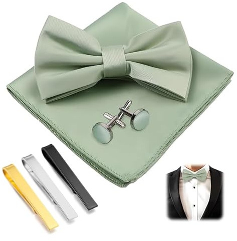 XFSRG 6 Piezas Pajaritas Hombre con Pañuelo Gemelos Pinza Corbata Set Elegante Preatada Pajarita para Fiesta Bodas(Verde)