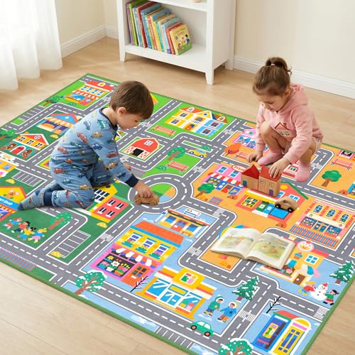 IWRJFQWR Car Play Rug City Life Traffic Road Kids Rug, Educational Road Carpet Kids Play Mat for Floor Nursery Toddler Preschool Bedroom Living Room Playroom, 3x5 Feet