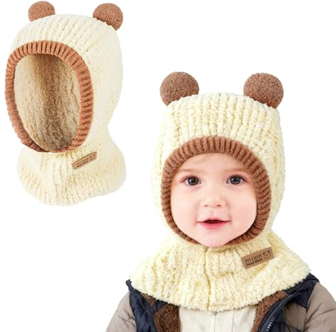 TAGVO Baby barn stickad mössa vinter mössa mjuk stretchig varm mössa med halsvärmare, söt slouch björnöron balaclava stil för pojkar och flickor 1–5 år, Beige, one size