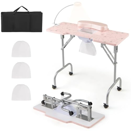 GOPLUS Table Manucure Professionnelle à roulettes Verrouillables, Table Onglerie Pliante Portable avec Aspirateur à Poussières, Lampe LED, Coussin de Poignet, Sac de Transport (Rose)