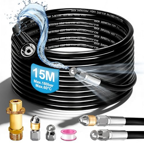 Tuyau de Nettoyage de Canalisations 15m, 180 bar avec Buse Rotative & Adaptateur M22 - Compatible avec Kärcher K2/K3/K4/K5/K6/K7 et Universel