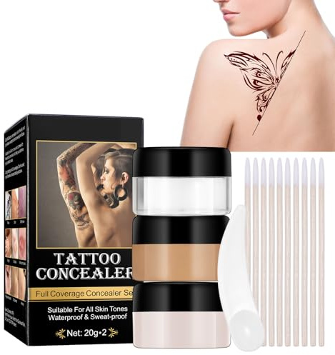 Tatueringskoncealer-set, 2 nyanser + blandningsburk, vattentät heltäckande concealer för tatueringar, linjer och fläckar, naturlig finish, sminkskydd för kropp, vardag, evenemang och fotografering