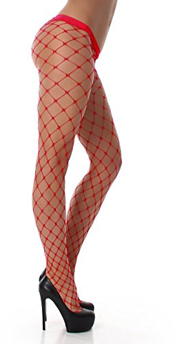 PrettyLoveHose Collant Résille Large Big Size (Noir, Beige, Blanc, Jaune, Bleu, Rose, Rouge) (Rouge)