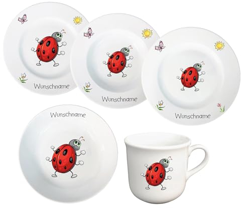 Kindergeschirr personalisiert - Kinderservice 5-tlg. Kinder Service Set aus Porzellan Teller Becher Schale personalisierbar mit Wunschname Name Kindergeschirr mit Namen personalisiert (Marienkäfer)