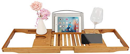 THINFAR Pont de Baignoire Extensible en Bambou, Plateau Baignoire Expérience de Spa, Support Intégré pour Livre et Tablette, 70cm-105cm,Expérience de Spa 1027
