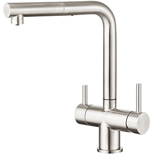 CREA 3 Wege Wasserhahn Küche mit Brause, 360° Drehbar Küchenarmatur, Drei Wege Mischbatterie für Wasserfilter, Trinkwasserhahn mit 2 Hebel, 3 in 1 Spültischarmatur aus Edelstahl