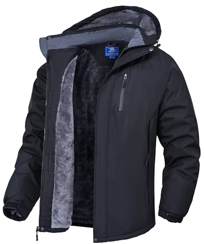 Zzkouine Herren Winter wasserdichte Fleecejacke - Wasserdichte Berg-Skijacke Winddichte Fleece Outdoor-Winterjacke mit Kapuze-Black-M