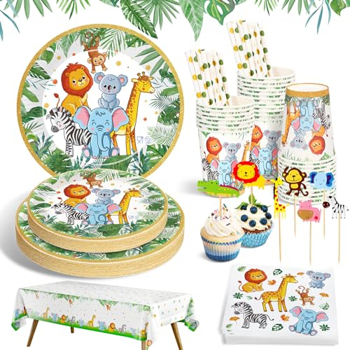 Ophy Jungle Safari Theme Tableware Set | 134Pcs Disposable Paper Plates, Napkins, Cups - Safari Party Decorations, Kids Birthday Party Supplies, Animal Tableware, Baby Shower Plates Set Christmas