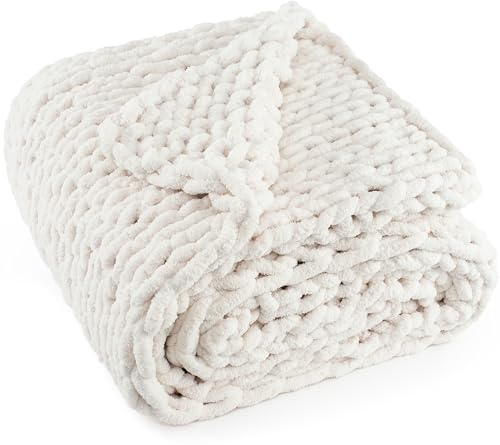 LONG CREATE Chunky Knit Throw Blanket 60X 80, 100% Handmade with Soft Chenille Yarn, 6.7lbs Thick Cable Knitted Blankets, Large Rope Knot Crochet Throws for Couch Sofa Bed Home Decor, Cream White