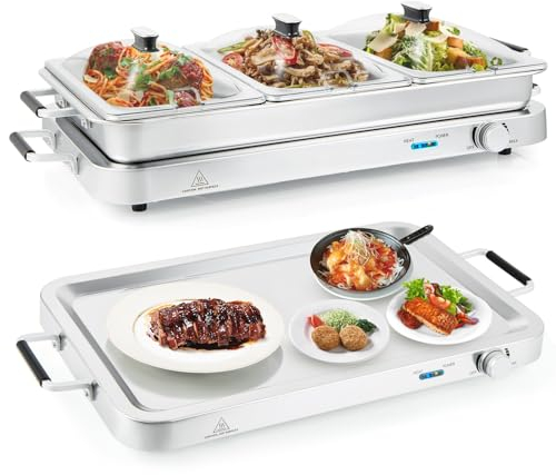 RELAX4LIFE 3 in 1 Warmhalteplatte, 9L Elektrischer Warmhaltebehälter, 450W Buffetwärmer, Speisebehälter Edelstahl mit 3 Speisewärmer, 50℃ bis 150℃ Temperaturregler, Ideal für Partys & Restaurants