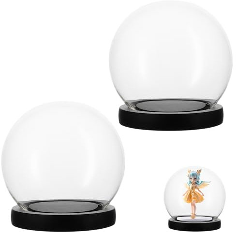 YAYODS Lot de 2 Dômes en Verre Avec Fond en Bois Noir - Cloche Décorative de 10 cm de Haut - Socle pour Plantes, Bouquet de Mariée, Jardin