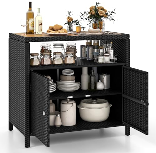 GYMAX Rattan Gartenschrank, Aufbewahrungsschrank mit Doppeltür, Buffetschrank mit Akazienholz Arbeitsplatte & offenes Regal, Haushaltsschrank, Beistellschrank für Balkon, 90 x 53 x 86cm (Schwarz)
