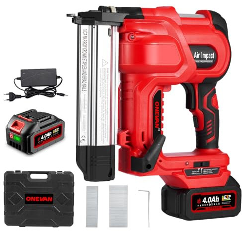 ONEVAN clavadora bateria, 2 en 1 grapadora electrica con una 4.0ah bateria, luz led, incl. 200 clavos, 200grapas, 20v clavadora electrica de clavos para tapicería, carpintería y bricolaje