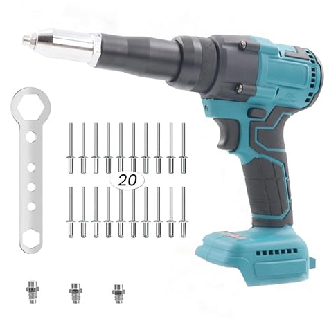 Pistola remachadora a batería compatible con Makita 18V batería, Tuerca de remache sin escobillas con luz LED, 20 remaches, 3 adaptadores y llave inglesa, Remachadora electrica portátil (sin batería)
