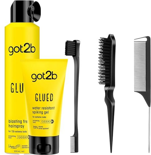 Hairspray and Styling Gel with 3 Pcs Slick Back Hair Brush Set Bundle - Glued Hairspray, Glued Water Resistant Spiking Gel, 3 Pcs Slick Back Hair Brush Set – Strong Hold Hair Spray & Styling Gel for E