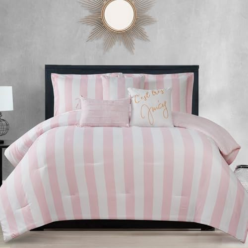 Juicy Couture Cabana, juego de ropa de cama reversible a rayas, tamaño king, estampado de rayas rosadas y blancas, juego de 6 piezas, incluye 1 edredón de 264,16 cm x 228,6 cm, 3 almohadas decorativas