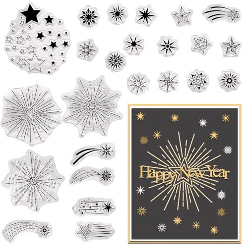 Hying Star Christmas Snowflake Clear Stamps for Card Making, Xmas Stars Rubber Stamps Happy New Year Firework Transparent Stamp Seal for Crafting DIY Scrapbooking Photo Album Decor
