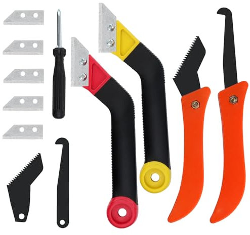QMLING - Juego de 4 raspadores de juntas de azulejos con 7 cuchillas de repuesto, sierra manual para quitar juntas de azulejos, raspador para limpieza de juntas de salo