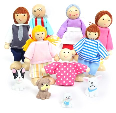DUOCIYUAN Casa delle bambole, 11 pezzi personaggi della casa delle bambole con gatto e cane, set di bambole in legno, giocattolo per bambini, famiglia di bambole, bambole piegate per mini bambole