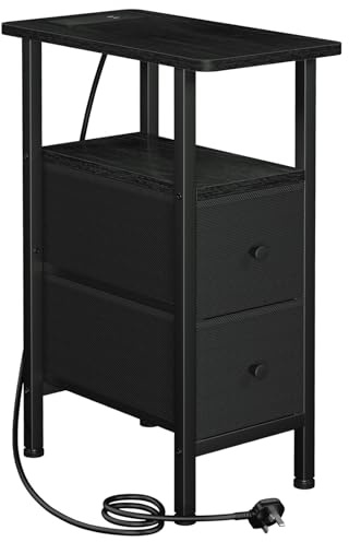 AMHANCIBLE Slim Bedside Table with Charging Station, Narrow Side Table with 2 Fabric Drawers, Small End Table with Open Storage Shelf, Nightstand for Small Spaces, Living Room, Black UHETNDP02BK-1