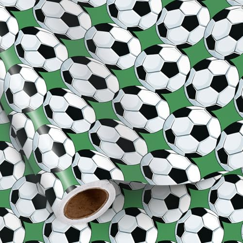 RUSPEPA Inslagningspapper rulle fotbollsboll för pojkar, minirulle, klassisk fotbollsmönster på grön gräsbakgrund presentinslag för sportfödelsedag, speldagsfest, 43,2 cm x 5 m