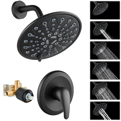 gotonovo Shower Faucet Set Bathroom Shower Head and Handle Set Complete 6 Settings 6 inch Rainfall Shower Head Kit High Pressure Shower System Combo Shower Trim Kit with Valve Matte Black