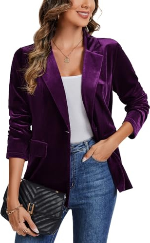 LADI TREND Womens Elegant Velvet Single Button Blazers Long Sleeve Notched Lapel Suit Jacket Coat for Business Office *Violet,Size L*