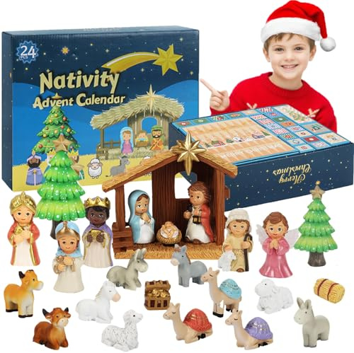 Nativity Advent Calendar 2025 for Kids, 24 Days Christmas Countdown with Resin Figurines, Christmas Tree, Holy Christian Religious Gift, Advent Calendars Toddler Nativity Gift for Boys & Girls