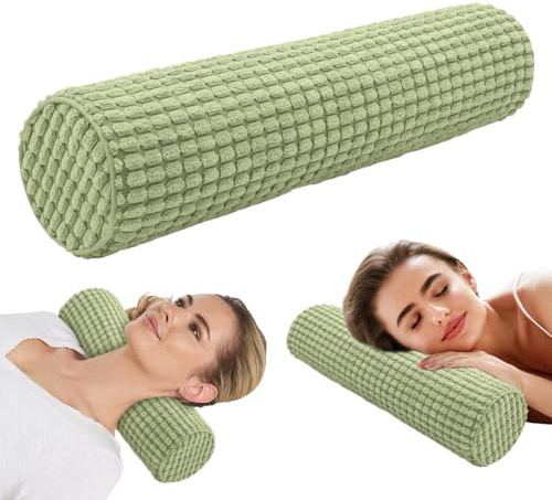 Wapasezyar Almohada cervical con funda, cojín cervical de espuma viscoelástica, 11 x 45 cm, cojín cervical ortopédico, lavable, rollo de rodilla, rollo de almacenamiento, color verde