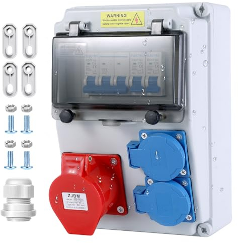 VAYALT 16A Distribuidor de Corriente para Obras, 2 x 230V Schuko + 1 x 400V CEE, con interruptor LS, Caja Eléctrica Resistente a la Intemperie, para Taller, Industria, Industria de la Construcción