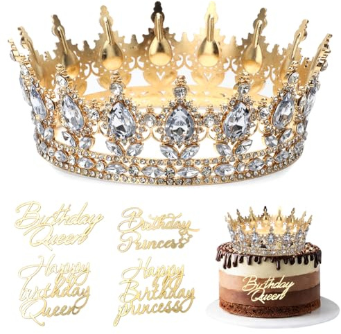 Couronne d Anniversaire Vintage pour Femmes et Filles Diadème pour Gâteau avec 4 Topper de Gâteau Happy Birthday Décorations de Gâteau d'Anniversaire pour Reine et Princesse