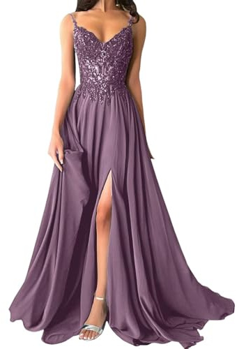 shownicer Abito Cerimonia Donna Vestito Lunghi Eleganti Matrimonio Abito da Sera in Chiffon Vita Alta Scollo A V Abiti in Pizzo Vestiti con Spacco A Viola 36