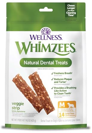 Whimzees Wellness Veggie Strip Natural Dog Dental Treat, Chews, Freshens Breath, Medium Size, 14.81 oz Bag, 14 Count