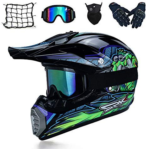 Nero e Verde/ Eagle - Casco Integrale MTB, Casco Motocross Bambino Moto Casco Cross Adulto per Downhill Offroad Enduro Scooter Sport con Occhiali Guanti Face Mask Rete Elastica,L
