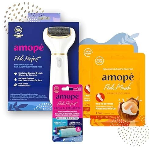 Amopé Pedicure Value Kit, Spa Pampering Pack, Self-Care & Relaxation Gift, contains Pedi Perfect Electric Callus Remover Foot File, 2 Macadamia Oil PediMask Foot Masks, 2 Roller Heads – 4 pieces